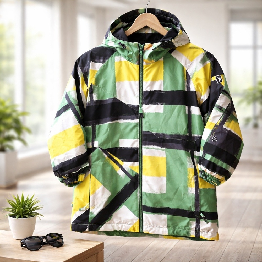 Ride Snowboards Mens XL Green Yellow Abstract Hooded Hydrapel Snowboard Jacket‎